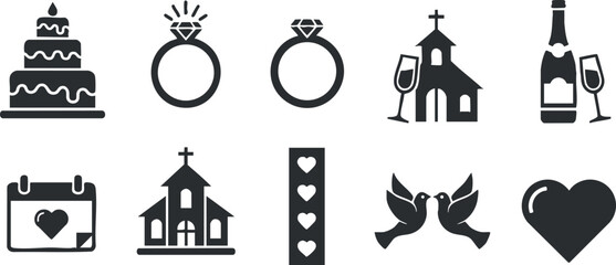 Obraz premium Set of wedding-themed vector icons featuring cake, rings, church, champagne, and love symbols for event design and celebrations