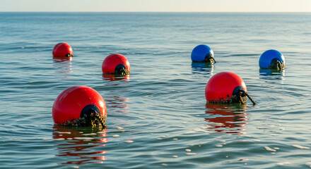 Red and Blue Spherical Buoys Floating in Open Water
A bright, high-contrast photograph showcasing a small group of spherical marine buoys floating in slightly choppy, sunlit water