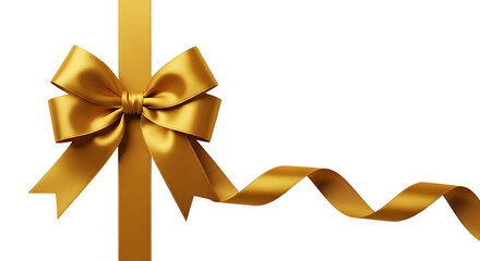 Golden Satin Ribbon Bow with a Wavy Tail on a Black Background fabric isolated on a transparent background