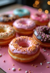 Assorted Donuts with Dazzling Glazed Frosting and Bright Sprinkles Display