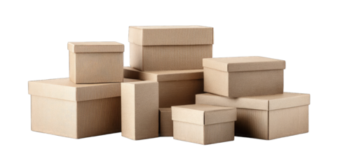 Several light beige cardboard boxes of various sizes stacked