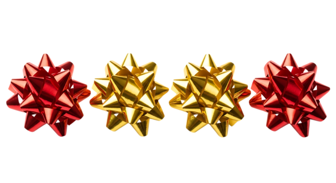 Four shiny metallic gift bows in red and gold arranged in a row on a black background present bow ribbon bow isolated on a transparent background