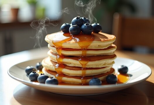 Golden Blueberry Pancakes Drizzled with Maple Syrup on a Bright Surface