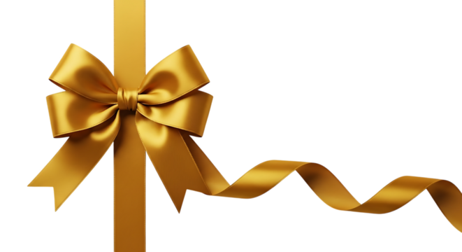 Golden Satin Ribbon Bow with a Wavy Tail on a Black Background fabric isolated on a transparent background