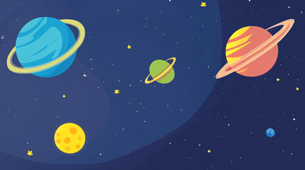 Colorful planets, playful design, outer space scene, starry background, copy space