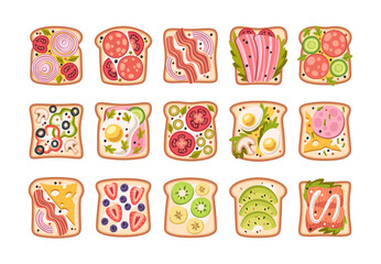 Breakfast toasts, opened sandwiches healthy eating set with diverse array of fresh ingredients
