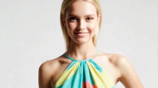 Woman in colorful halter dress posing