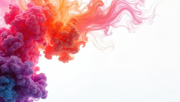 Bright colorful ink pours into pristine clear water, creating vibrant abstract organic shapes. Pink, orange, purple, blue paint swirls, expands like smoke, forming artistic pattern. Dynamic liquid