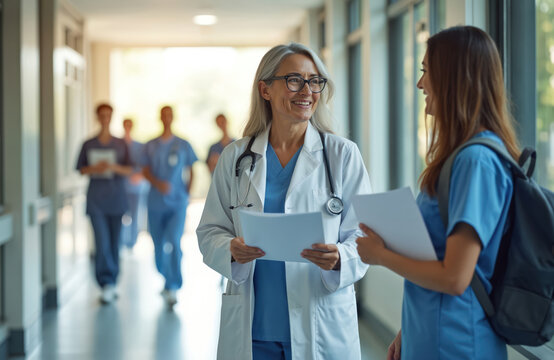 Senior doctor with stethoscope talks to young female student in hospital hallway. Medical professionals in scrubs walk in background. Learning and working in healthcare. - Powered by Adobe