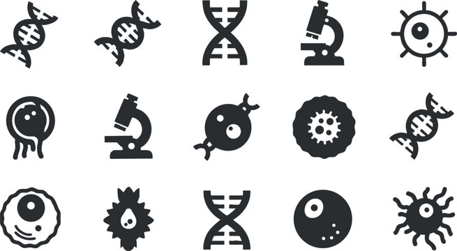 Set of black and white vector icons showcasing biology and genetics concepts including DNA, microscopes, and cells for scientific applications