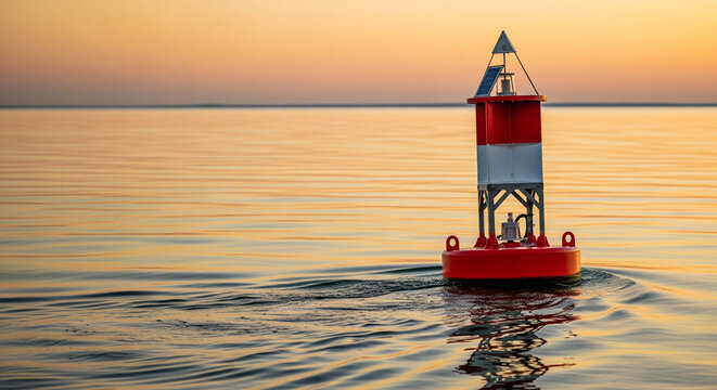 Red and White Navigation Buoy in the Golden Sunset Water
A beautifully composed maritime photograph capturing a single, modern navigation buoy floating on the gently rippling surface of the sea  - Powered by Adobe