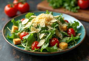 Crunchy Croutons Caesar Salad Leafy Greens Parmesan Shavings Zesty Dressing Medley