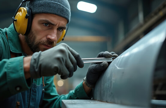Focused worker uses calipers to measure steel component in industrial setting. Skilled technician assesses metal part with precision ensuring quality control within factory environment. Durable
