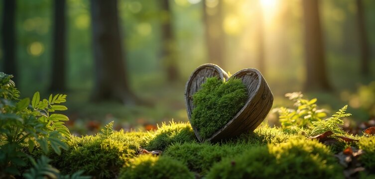 Wood heart lies on moss in green forest. Heart love, care. Sunlight in forest creates peaceful landscape. Backdrop shows burial site, nature connected with love, death. Generative AI illustration.