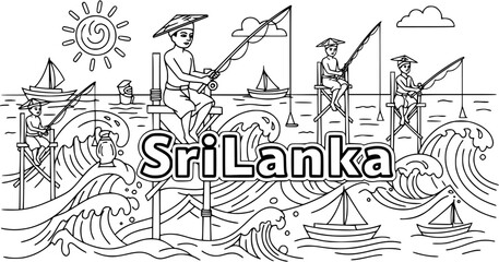 Obraz premium Sri Lankan Stilt Fishing. Doodle sri lankan stilt fishermen with waves, suns, and boats, center word “SriLanka” in black and white 