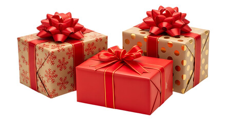 Three Festive Gift Boxes with Red Ribbons and Elaborate Bows on Black gifts presents isolated on a transparent background