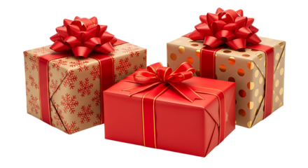 Three Festive Gift Boxes with Red Ribbons and Elaborate Bows on Black gifts presents isolated on a transparent background