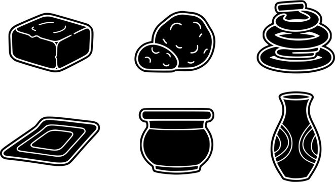 Clay Forms Icons. Flat vector icons of clay forms: raw clay block, wedged clay ball, coil of clay, slab of clay, pinch pot, clay
