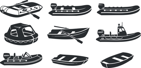 Collection of black and white vector illustrations featuring various types of boats and watercraft for marine and outdoor projects