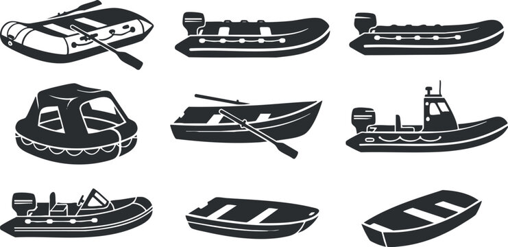 Fototapeta Collection of black and white vector illustrations featuring various types of boats and watercraft for marine and outdoor projects