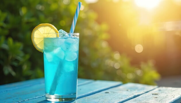 Vibrant blue lemonade drink with ice, lemon slice sits on blue wooden table. Bright sun shines on refreshing beverage outdoors. Cool drink offers chill vibes for summer relaxation. Enjoy sunny