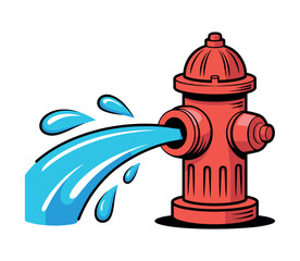 A red fire hydrant is spraying a large amount of blue water.