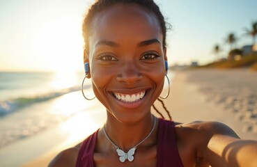 Happy african woman takes selfie at beach. Smiles in sunlight. Female listens music with earphones. Athlete takes photo near sea after fitness training at seaside resort. Smiling black woman travels.