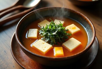 Heavenly Tofu Seaweed Broth Gourmet Miso Delicacy Warm Bowl Comforting Japanese Classic