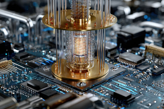 Close-up view of advanced quantum computing component on modern circuit board