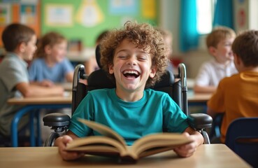 Smiling boy in wheelchair reads book at desk with classmates in classroom. Happy student enjoys literature, laughs. Inclusive education concept. School kids study in class. Child with disability