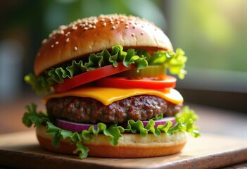 Juicy Cheeseburger Layered with Fresh Lettuce, Crisp Tomato, Tender Pickle, Sharp Onion on a Soft Bun