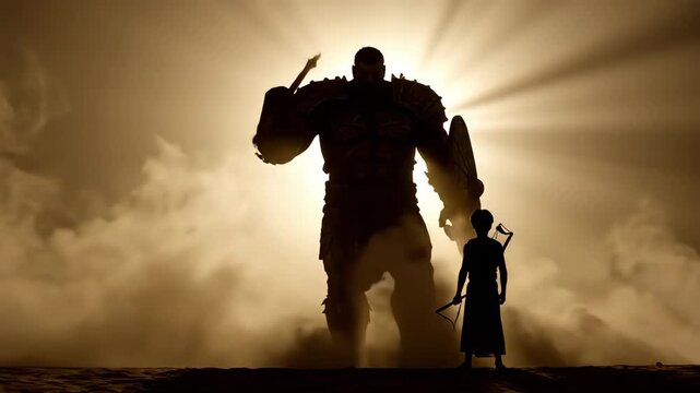 The epic biblical silhouette of David facing the giant Goliath with courage and faith before their legendary battle representing overcoming impossible odds and the power of belief