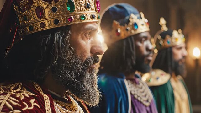 A solemn close-up of the Three Wise Men in profile wearing ornate royal crowns and robes representing the biblical Epiphany story in a historical church setting
