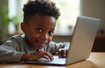 Young African American boy smiles while using laptop for online class. He sits at wooden table, typing on computer for his remote education lesson. Kid enjoys learning at home.