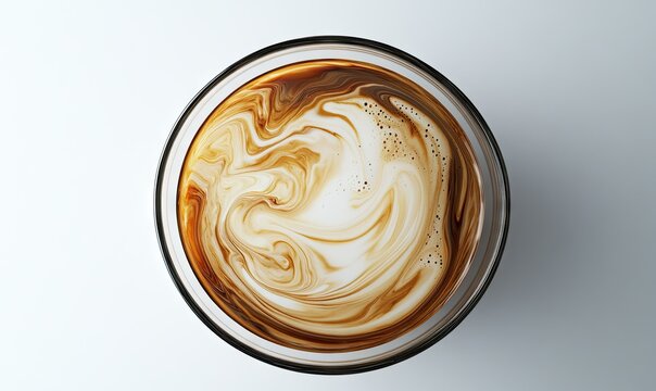 A top-down close-up of a glass cup of coffee with intricate white latte art swirls on a light background