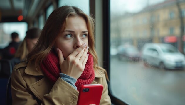 Young woman looks worried out tram window on cold autumn day. Holds red smartphone, covers mouth with hand. Passenger travels in public transport during flu season. Feels sick, fearful of illness. - Powered by Adobe