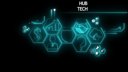 Hub tech .concept global network digital with business icons, social network icons ,Beautiful motion waving dots map texture with glowing,interaction concept. Virtual network Technology.4K - Powered by Adobe
