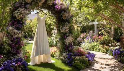 A white wedding dress is framed by a blooming flower arch in a garden