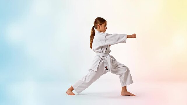 A young girl in a white karate uniform with a white belt practices a martial arts punch with focus and discipline in a studio with a soft colorful background