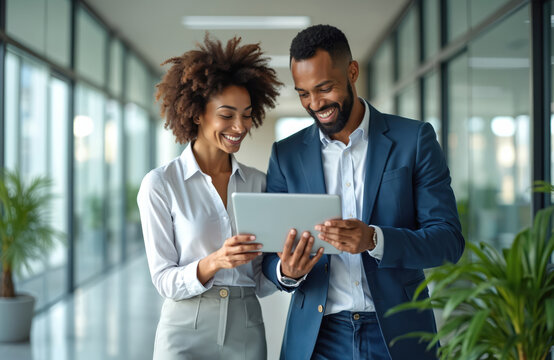 Two diverse business people look at tablet screen together and smile in a modern office hallway. They are collaborating and discussing project ideas. Teamwork and tech.