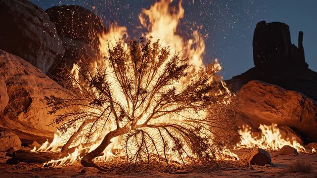 The biblical burning bush miraculously burns with divine fire but is not consumed in the desert at night representing God's revelation to Moses in the Old Testament story