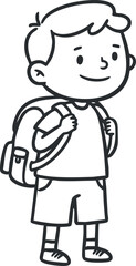 Playful cartoon illustration of a happy boy with a backpack, designed in a simple line art style suitable for educational materials