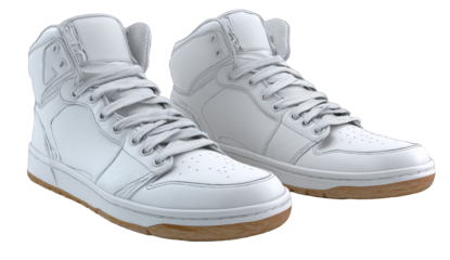 Two white high-top sneakers, laces, and soles