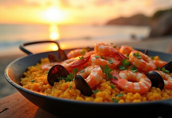 Large Skillet Seafood Paella Rich with Shrimp Mussels Squid Clams Colorful Rice at Sunset Beach Scene