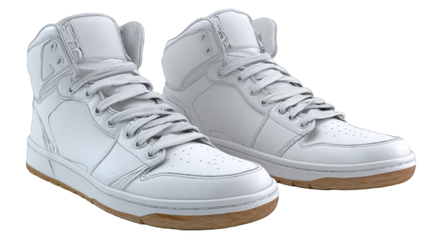 Two white high-top sneakers, laces, and soles