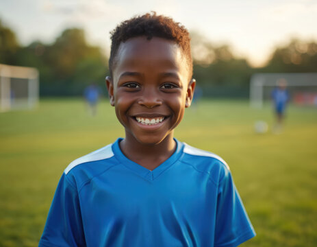 Young happy African boy smiles brightly at camera on green soccer field. Wears blue sports uniform. Children play football training in blurred background. Little athlete feels joy, enjoys sport