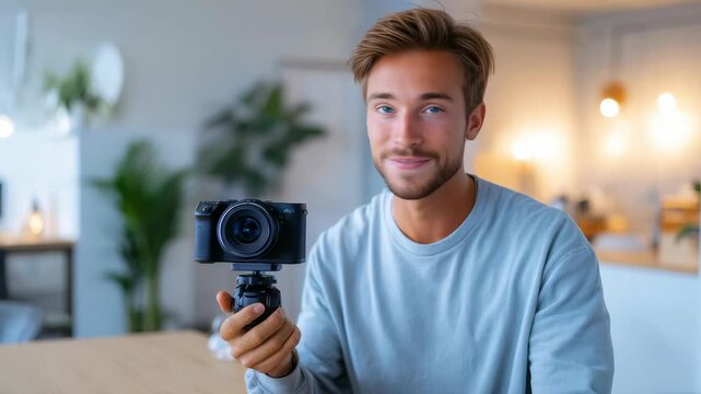 Confident content creator filming himself for social media or a vlog, showcasing a positive and engaging personality. Contemporary workspace and casual fashion highlight creativity and authenticity