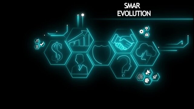 Smar evolution .concept global network digital with business icons, social network icons ,Beautiful motion waving dots map texture with glowing,interaction concept. Virtual network Technology.4K