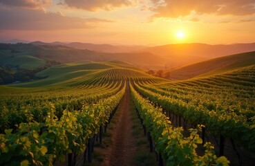 Fototapeta premium Golden sunset light illuminates green vineyard rows on rolling hills. Rural landscape shows endless grape plants under vibrant sky. Farm, agriculture, nature create peaceful evening scene. Beautiful