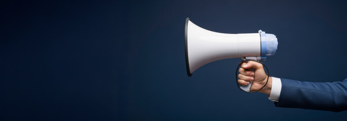 Announcing with authority: A close-up shot captures the firm grip of a person dressed in formal attire, holding a megaphone against a dark background, ready to make a significant announcement.
